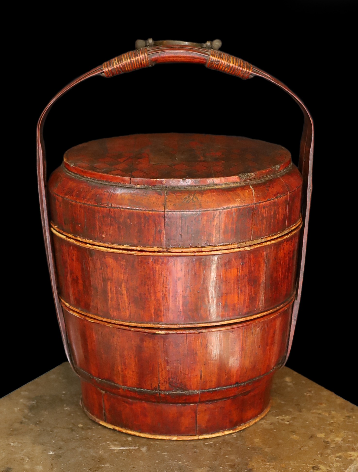 A 19th century Chinese lacquered and decorated wood wedding basket, height 51cm. width 34cm